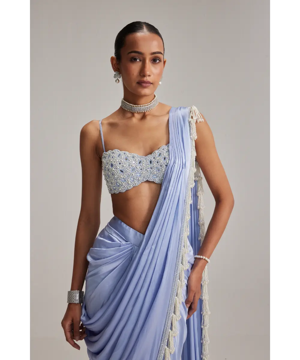 VVANI VATS- Dew Blue Satin Draped Saree Set